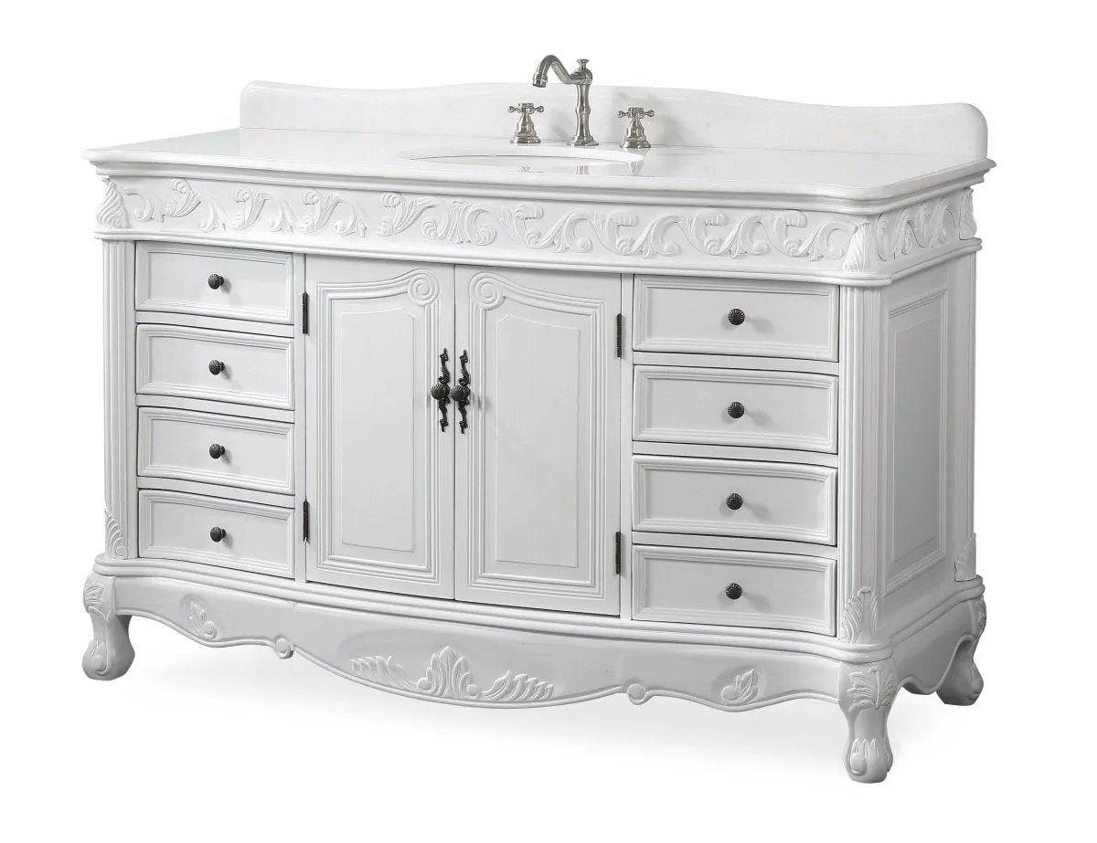 56 Inch Antique White Traditional Style Single Sink Beckham Bathroom Vanity