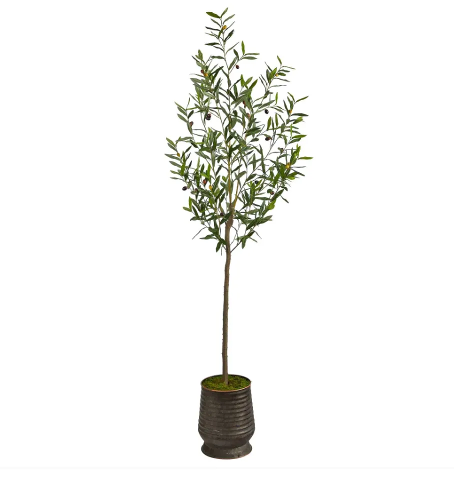 75" Artificial Olive Tree in Ribbed Metal Planter - Low Maintenance, Life-Like & Vibrant Silk Trees For Busy People.