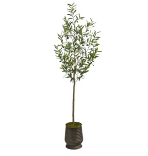 75" Artificial Olive Tree in Ribbed Metal Planter - Low Maintenance, Life-Like & Vibrant Silk Trees For Busy People.