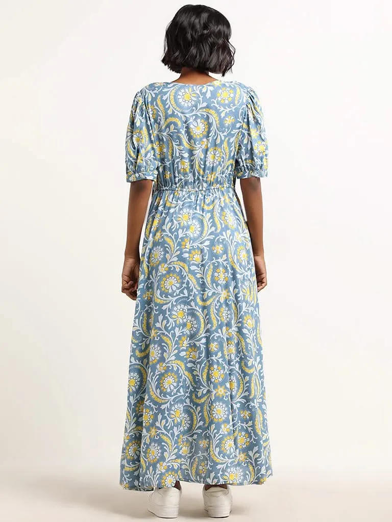 Bombay Paisley Blue Floral Printed Wrap Dress