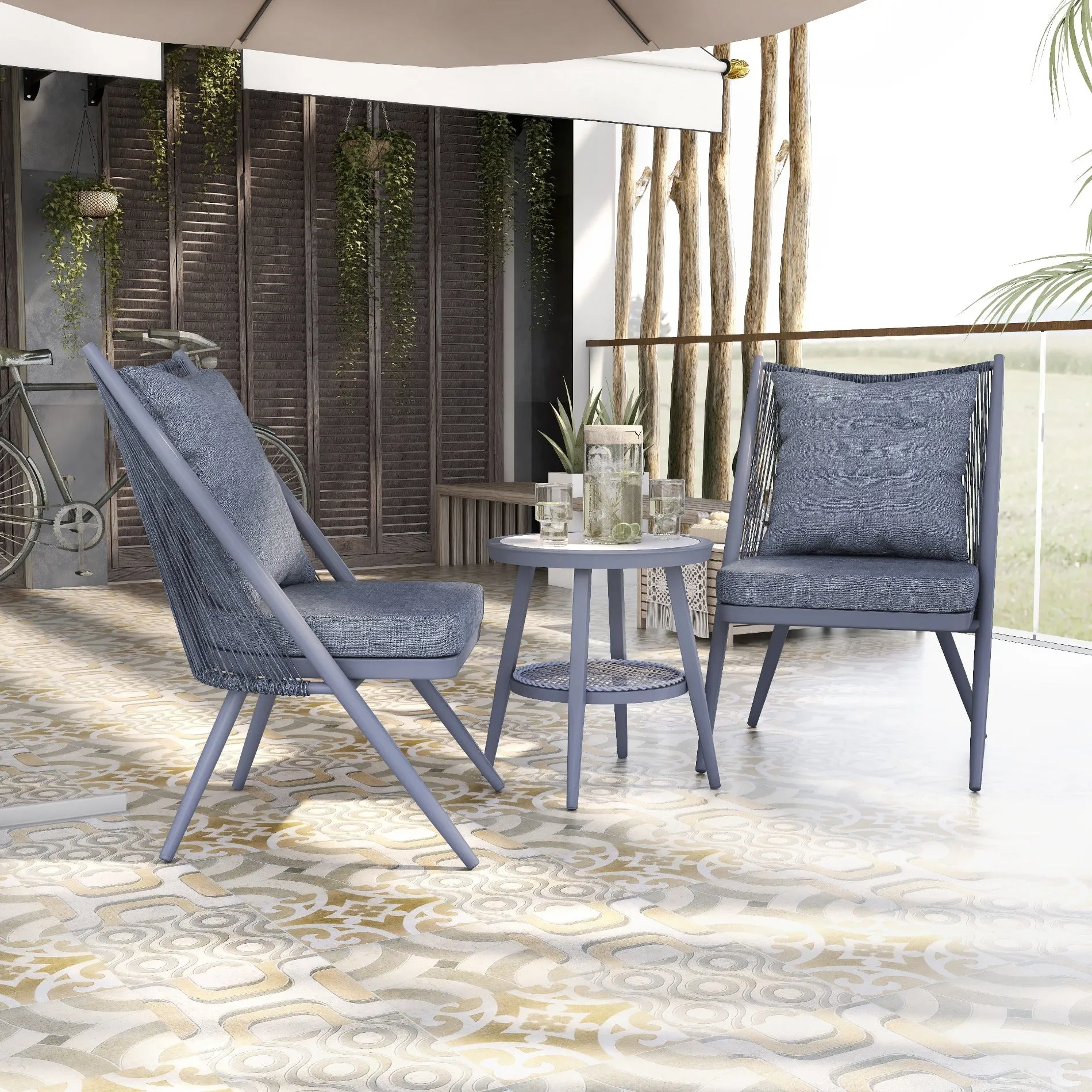 Cardai Bohemian 3-Piece Patio Webbed-Back Chair & Slate Top Table Set