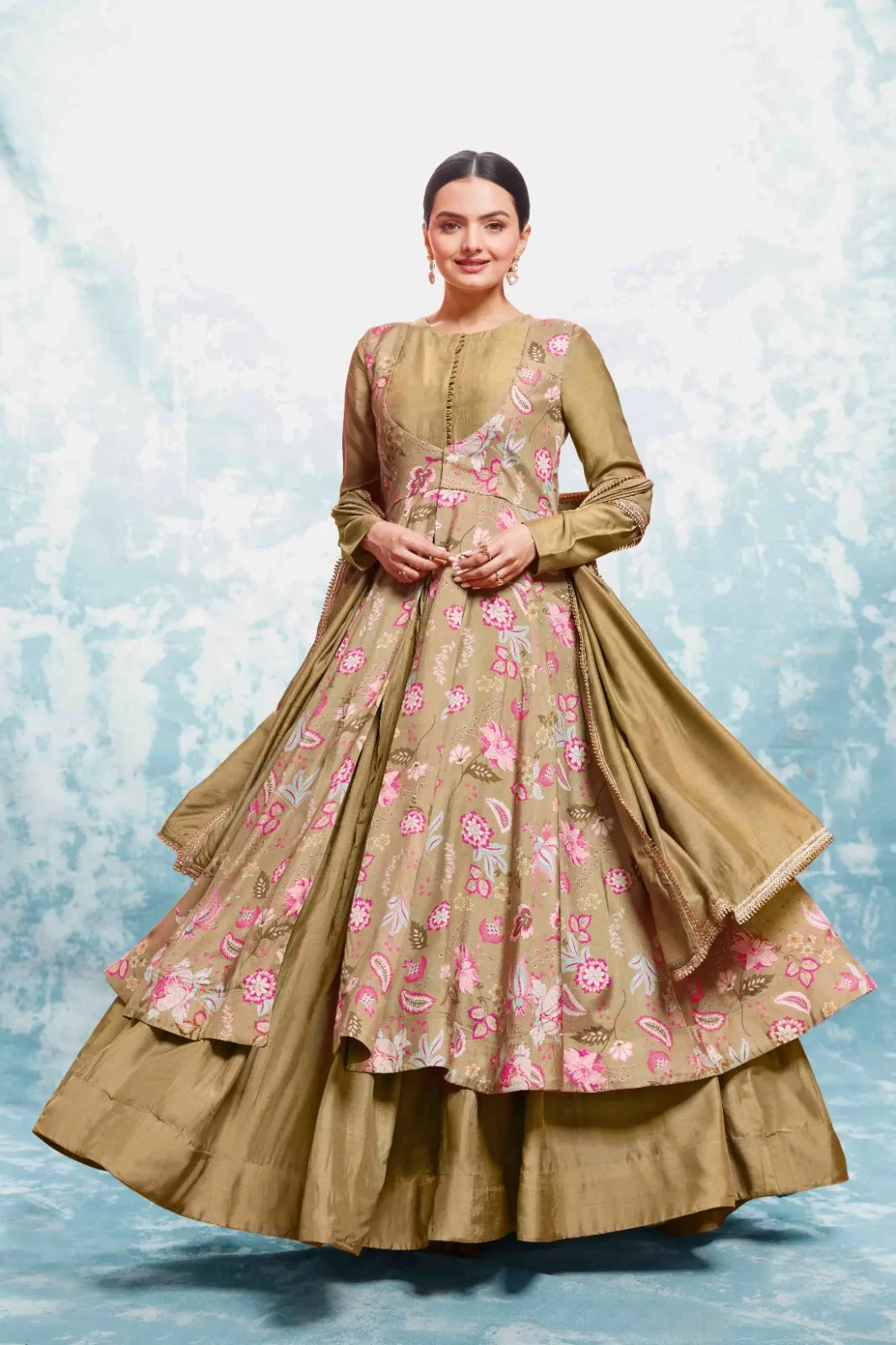 Chic Olive Muslin Dress with Printed Work and Georgette Dupatta – Ready to Wear