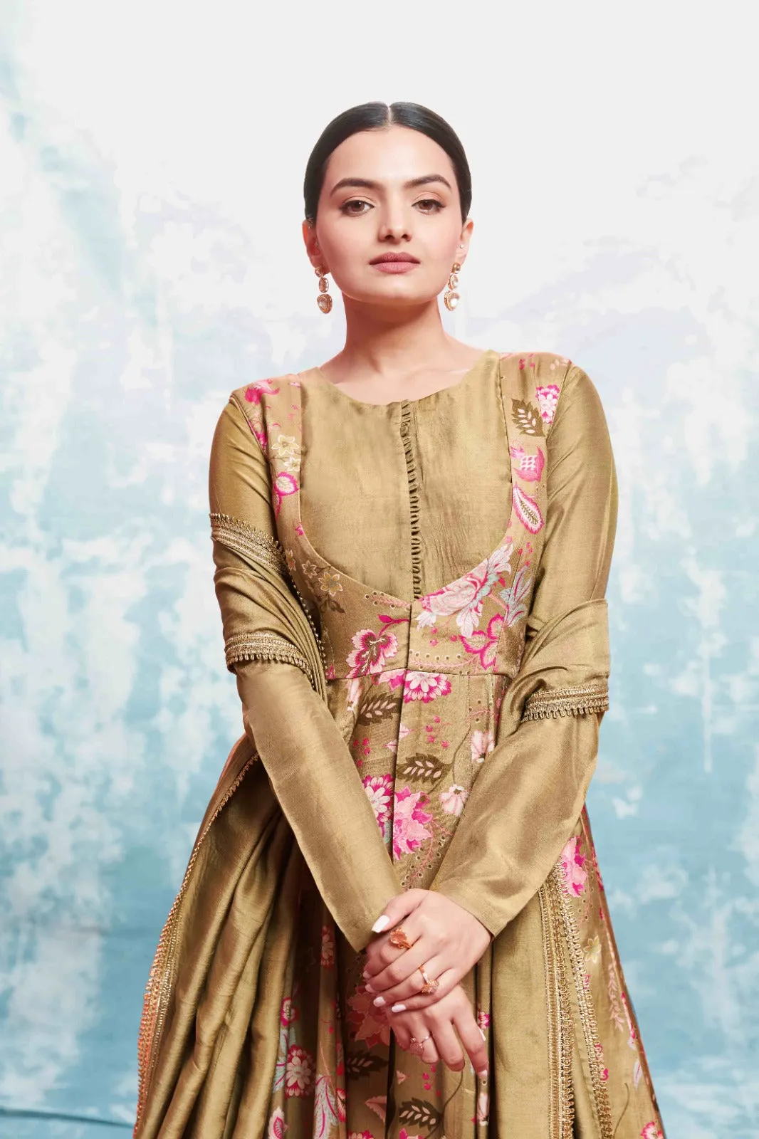 Chic Olive Muslin Dress with Printed Work and Georgette Dupatta – Ready to Wear