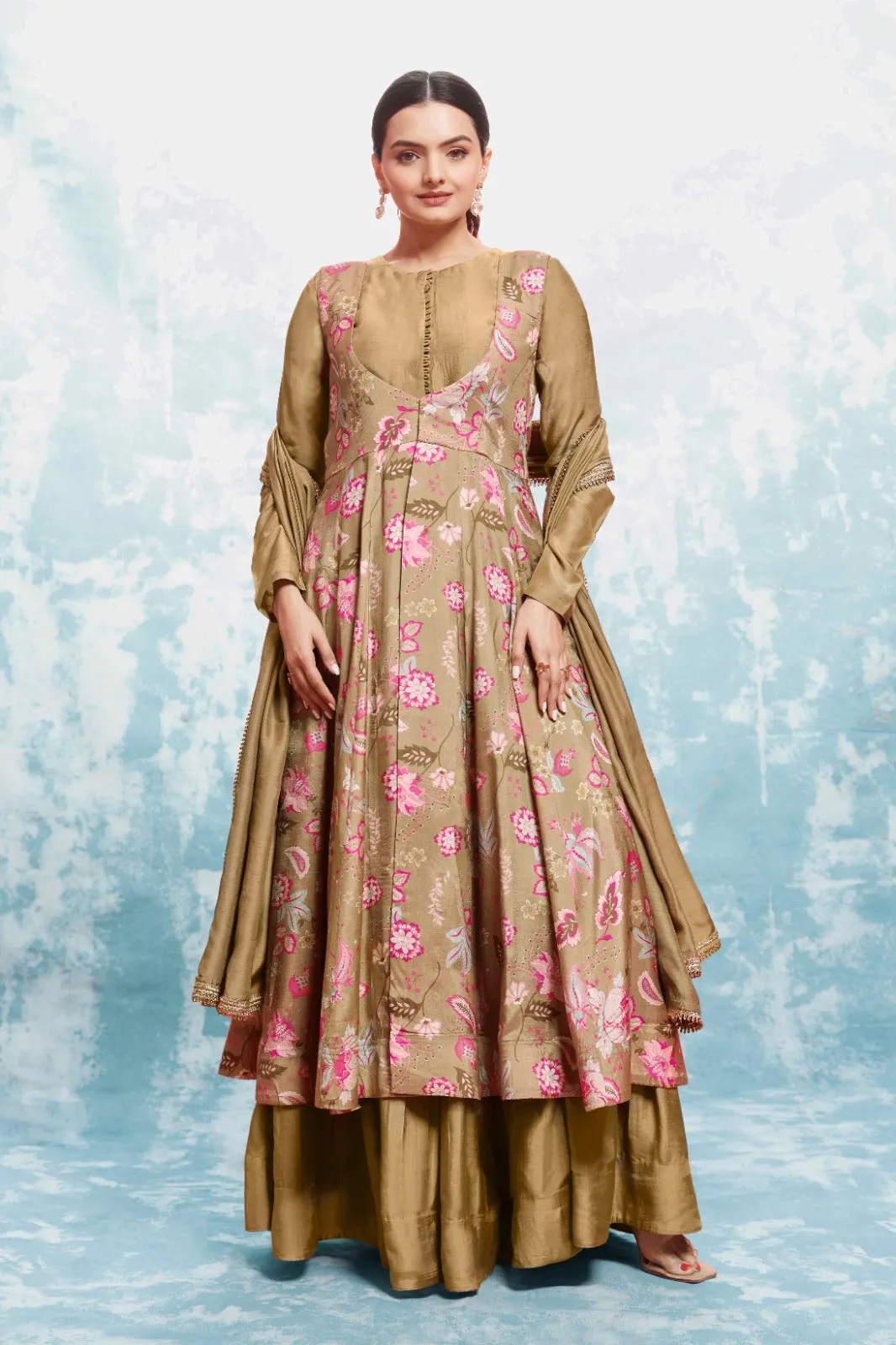 Chic Olive Muslin Dress with Printed Work and Georgette Dupatta – Ready to Wear