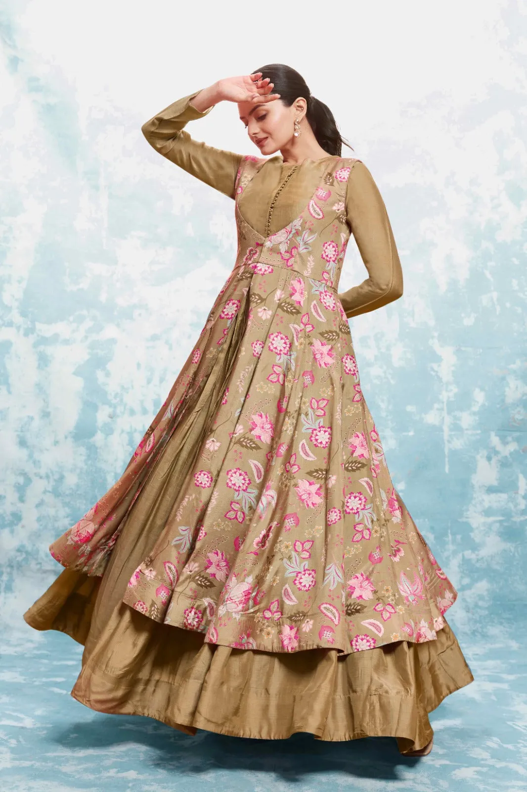 Chic Olive Muslin Dress with Printed Work and Georgette Dupatta – Ready to Wear