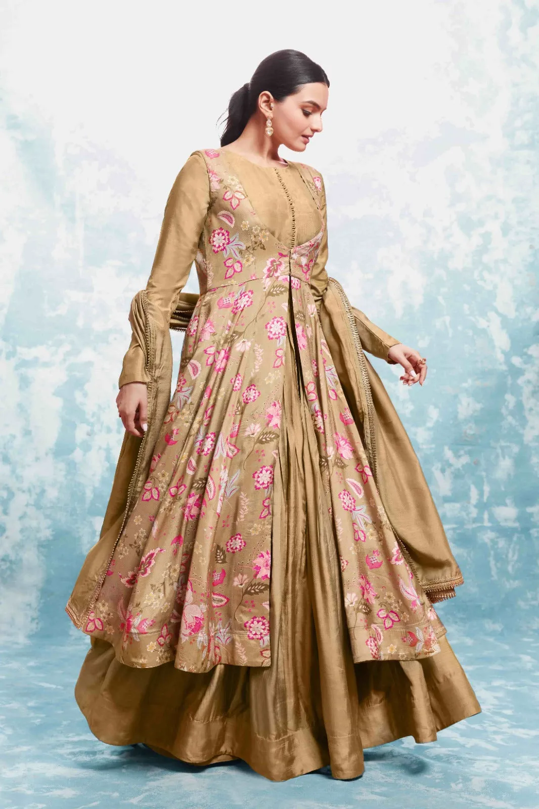 Chic Olive Muslin Dress with Printed Work and Georgette Dupatta – Ready to Wear