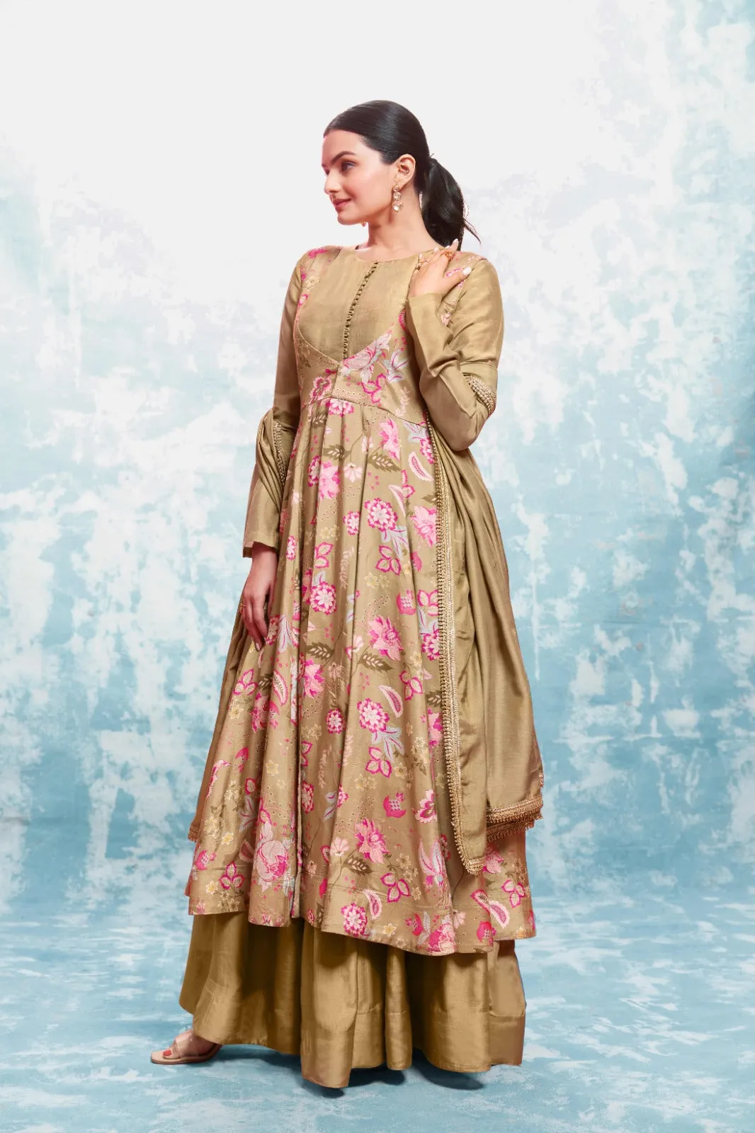 Chic Olive Muslin Dress with Printed Work and Georgette Dupatta – Ready to Wear