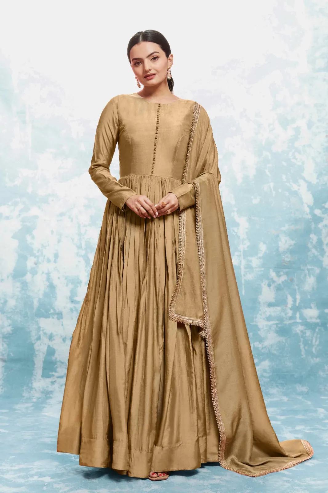 Chic Olive Muslin Dress with Printed Work and Georgette Dupatta – Ready to Wear