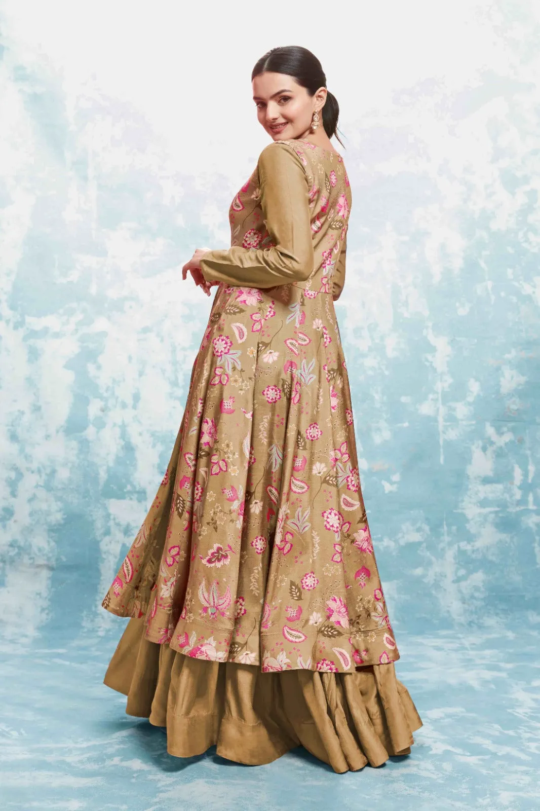 Chic Olive Muslin Dress with Printed Work and Georgette Dupatta – Ready to Wear