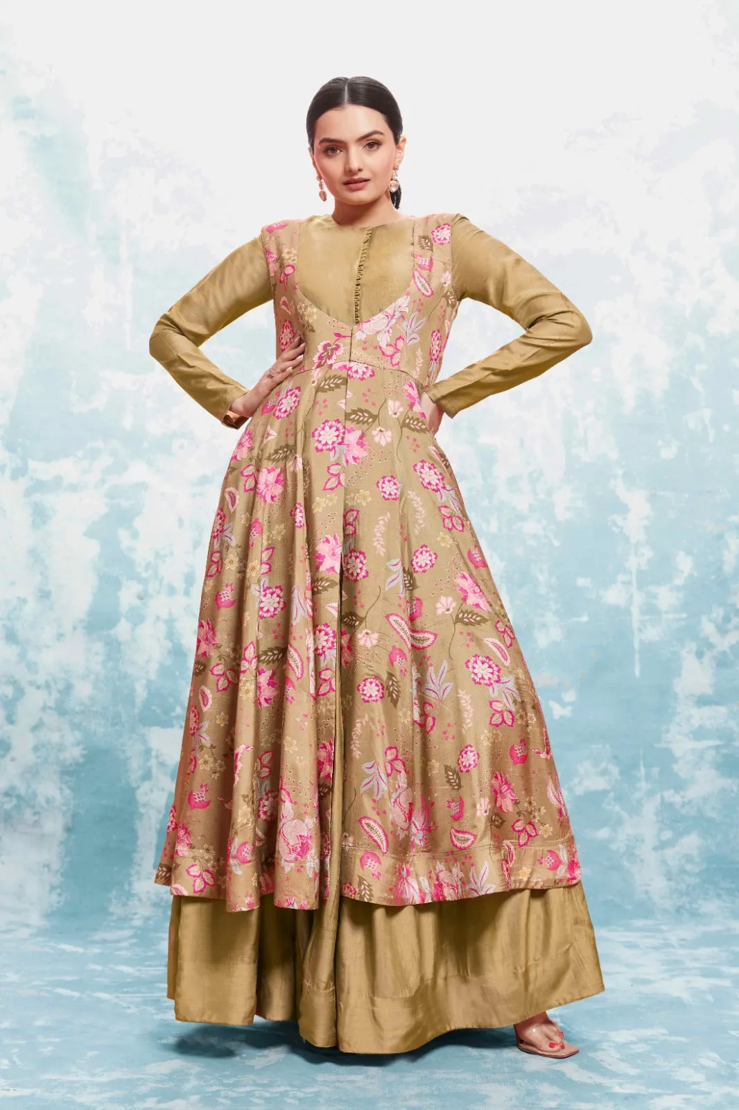 Chic Olive Muslin Dress with Printed Work and Georgette Dupatta – Ready to Wear