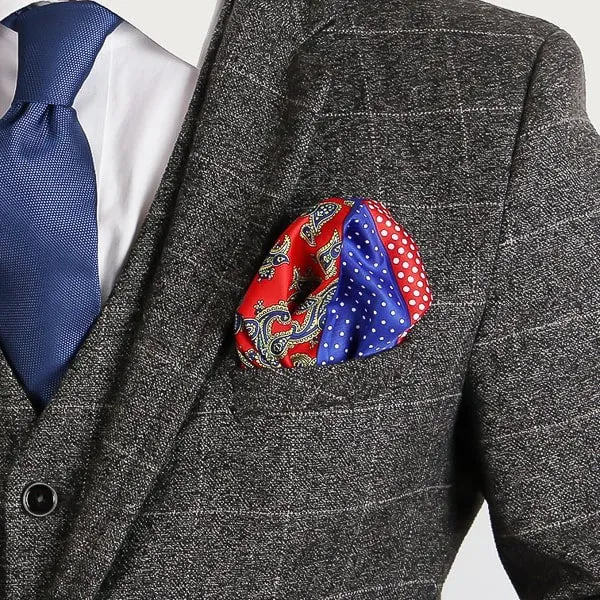 Classy Men Red Blue Multi-Pattern Pocket Square