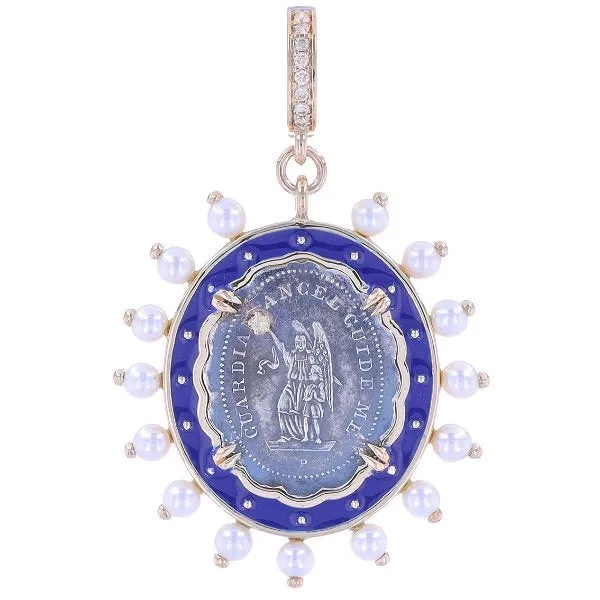 Cynthia Ann Sterling Silver and 14K Yellow Gold Antique French Guardian Angel Medal with Blue Enamel, Pearls and Diamonds