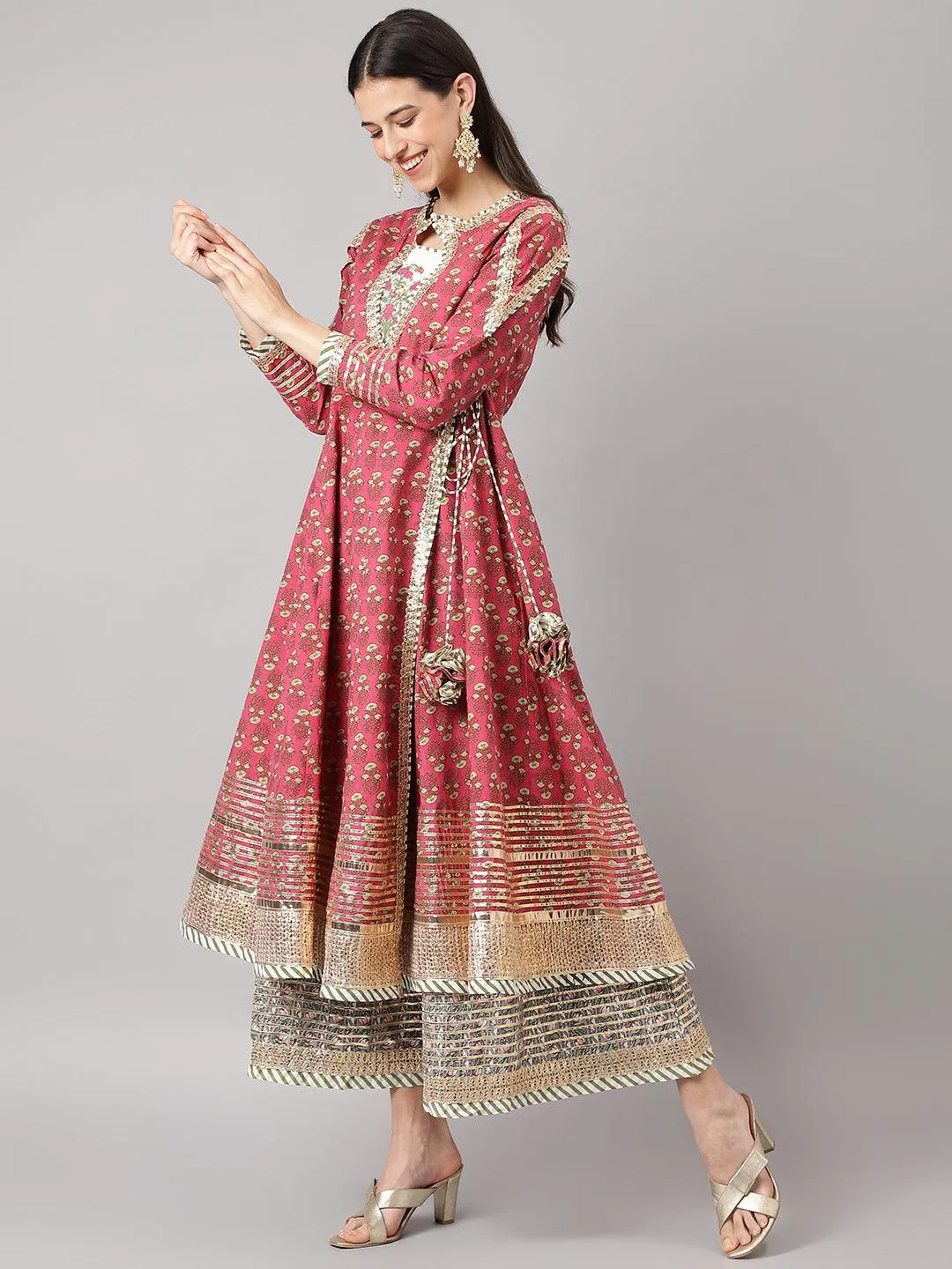 Dark Pink Floral Cotton Anarkali Kurta With Jacket