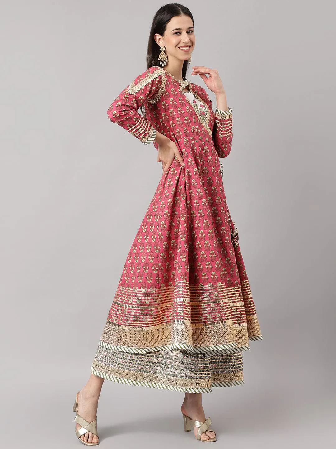 Dark Pink Floral Cotton Anarkali Kurta With Jacket