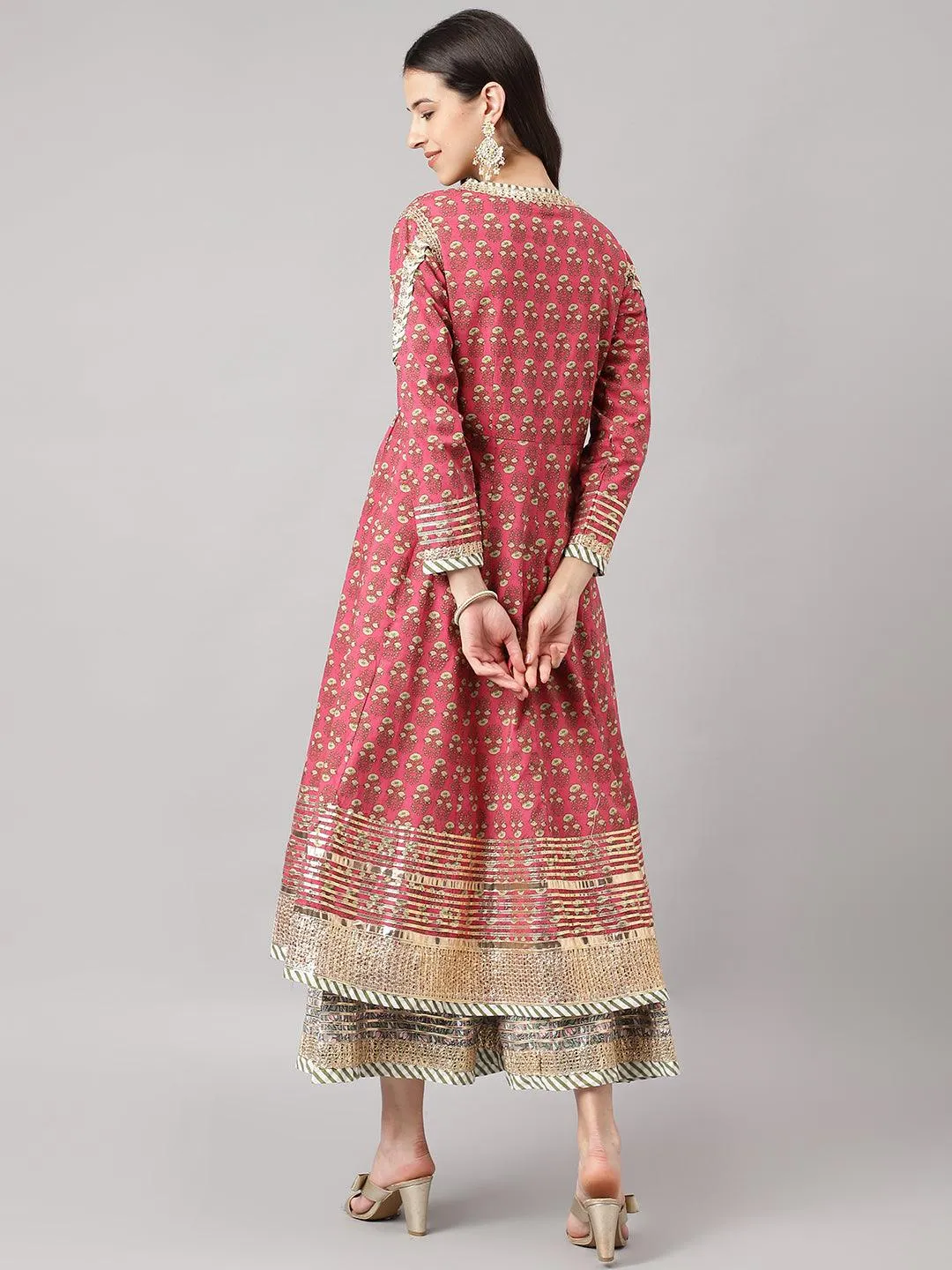 Dark Pink Floral Cotton Anarkali Kurta With Jacket