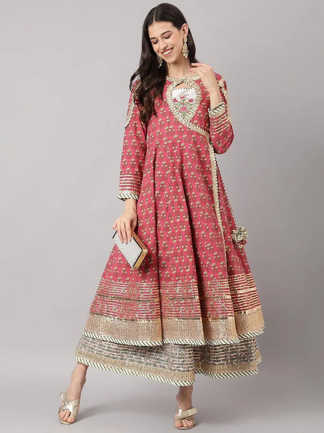 Dark Pink Floral Cotton Anarkali Kurta With Jacket