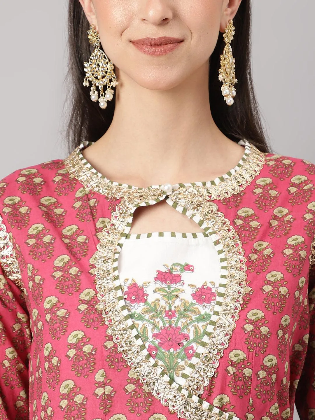 Dark Pink Floral Cotton Anarkali Kurta With Jacket