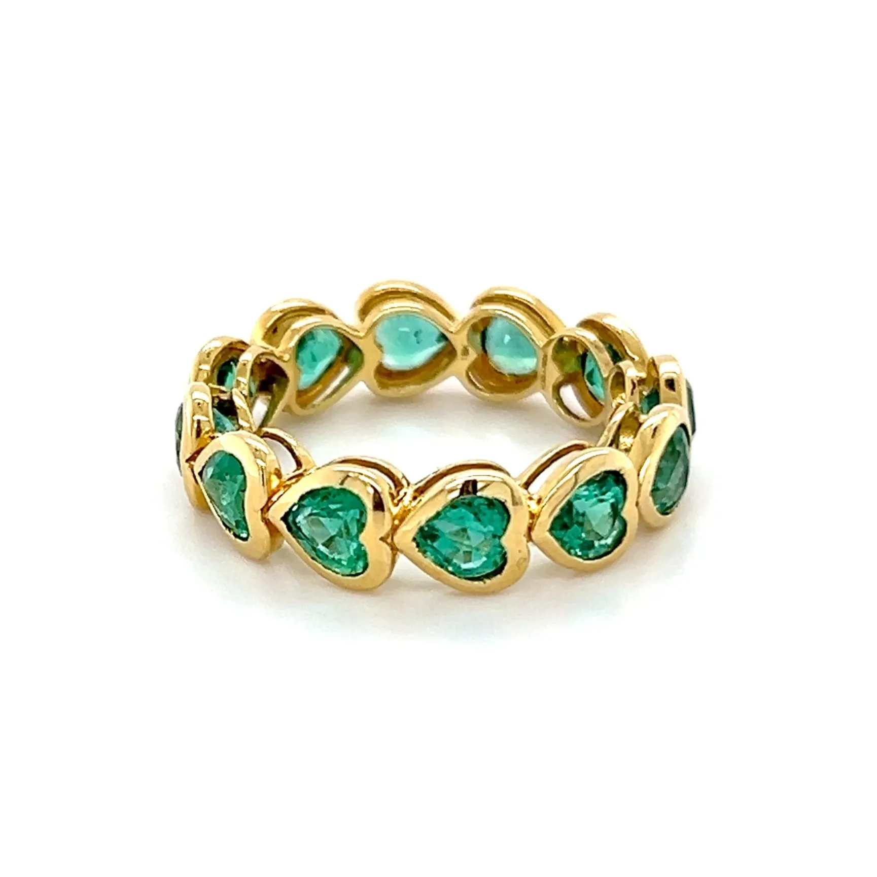 East-West Emerald Hearts on Bezel Setting Eternity Ring