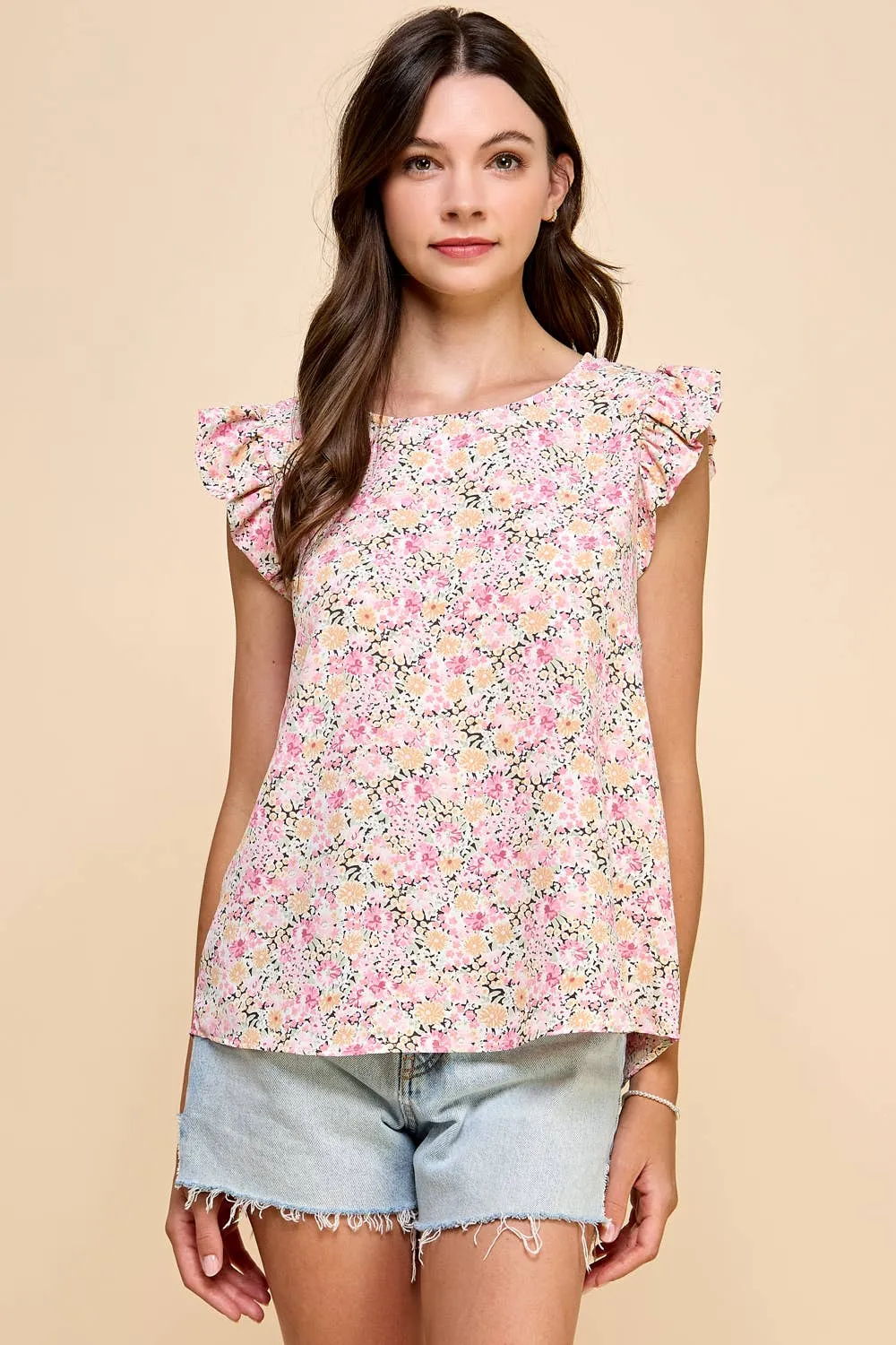 Floral Printed Top with Short Ruffled Sleeves