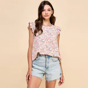 Floral Printed Top with Short Ruffled Sleeves