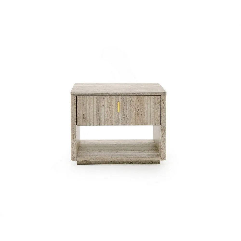 Fly 32 Inch Nightstand, 1 Drawer, 1 Sleek Gold Handle, Travertine Gray By Casagear Home