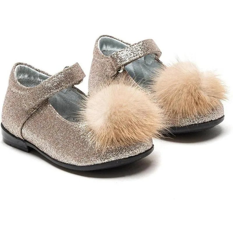 Girls Gold Glitter Pom Pom Shoes