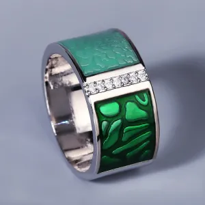 Green Geometric Enamel Ring for Women with Zircon in 925 Sterling Silver