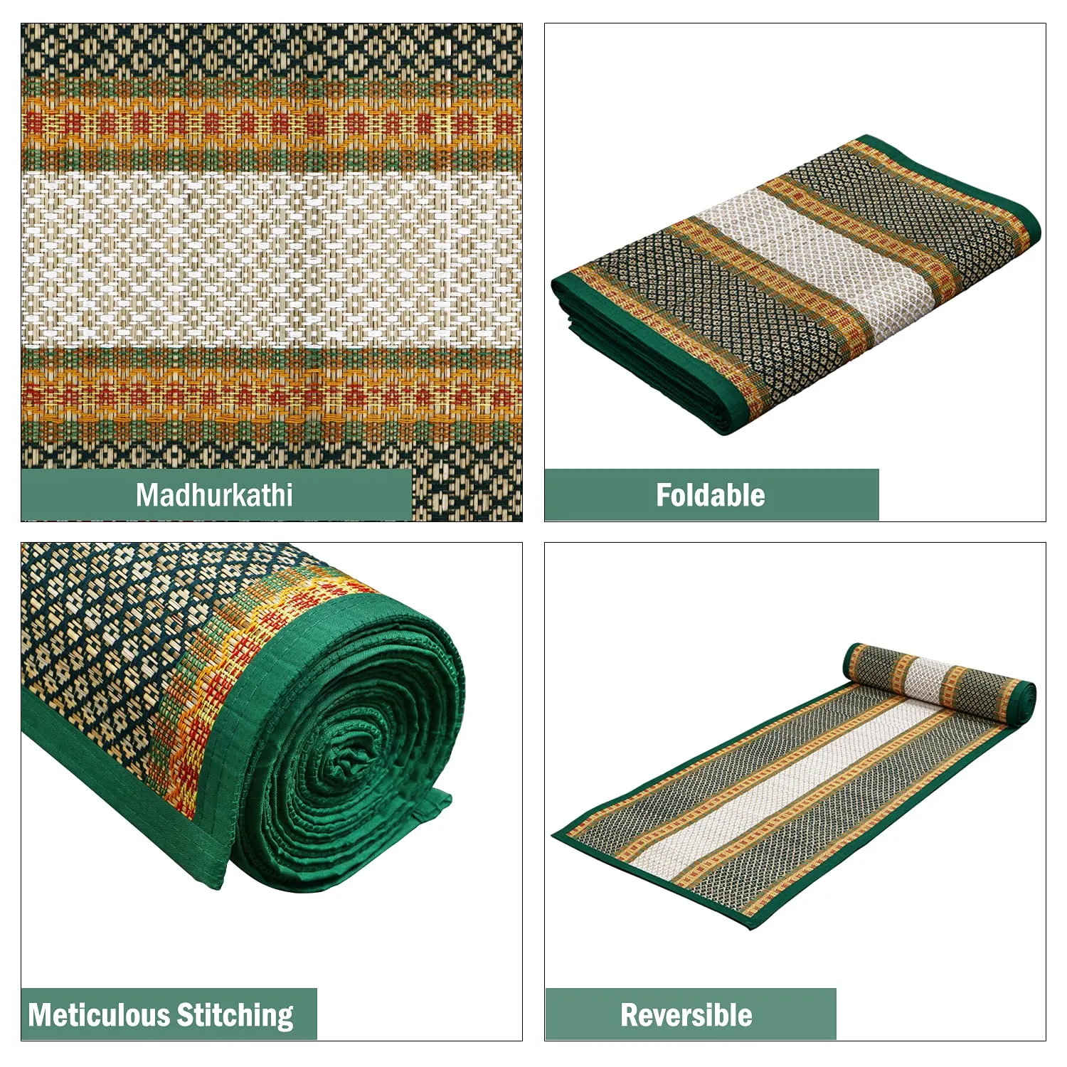 HOKIPO Madurkathi Classic Contemporary Chatai Mat (Green, 6.5x4.5 Feet, Pack of 1)