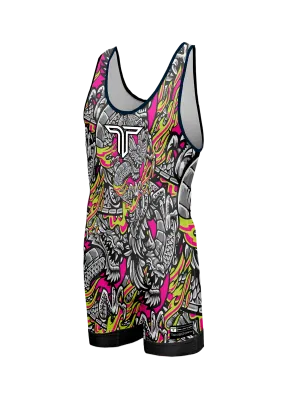 Iron Dragon Wrestling Singlet - Grey & Fuchsia