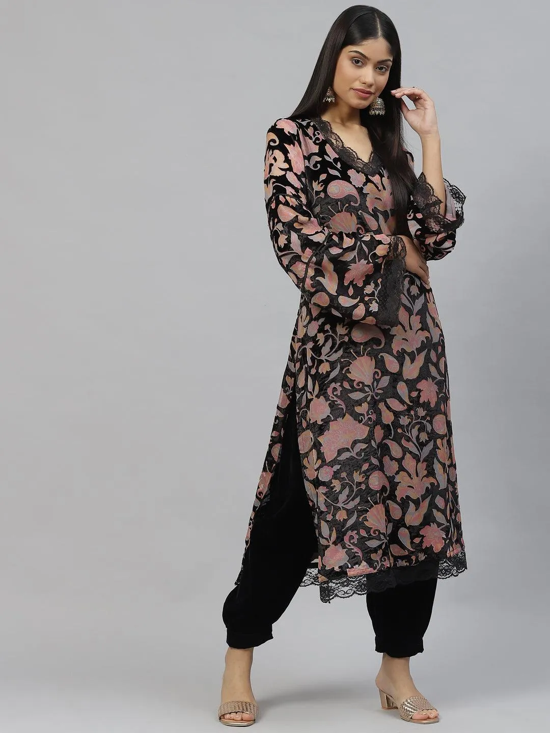 Jashvi Black Burn out Velvet Kurta Haram Pant with Organza Dupatta