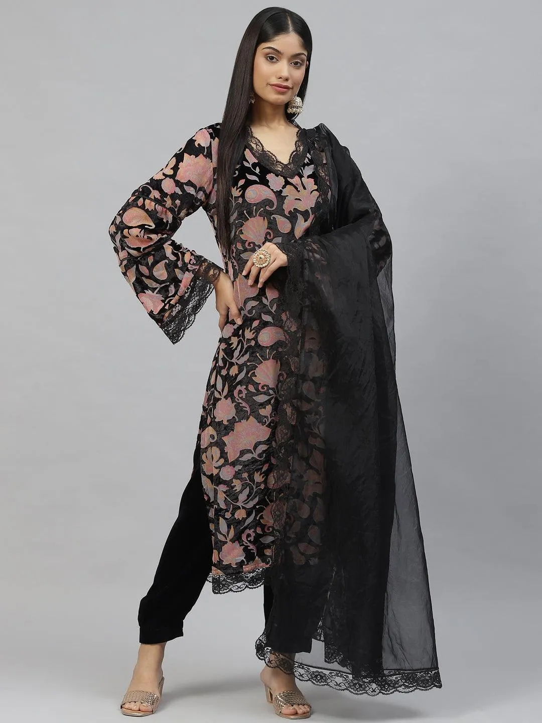 Jashvi Black Burn out Velvet Kurta Haram Pant with Organza Dupatta