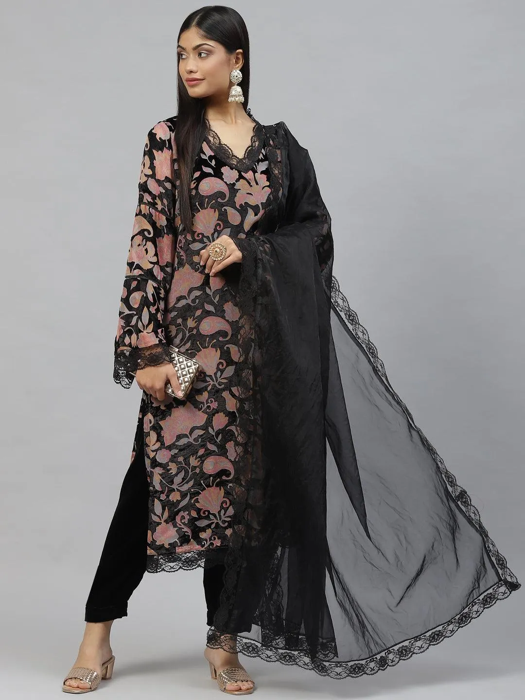 Jashvi Black Burn out Velvet Kurta Haram Pant with Organza Dupatta