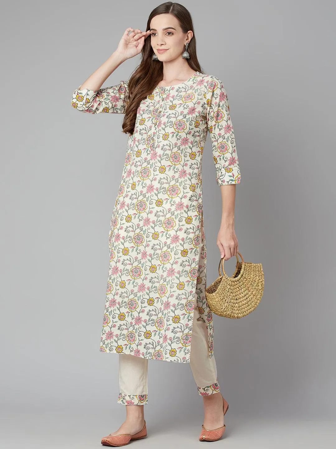 Jashvi Cream Floral Printed Cotton Kurta Pant Set