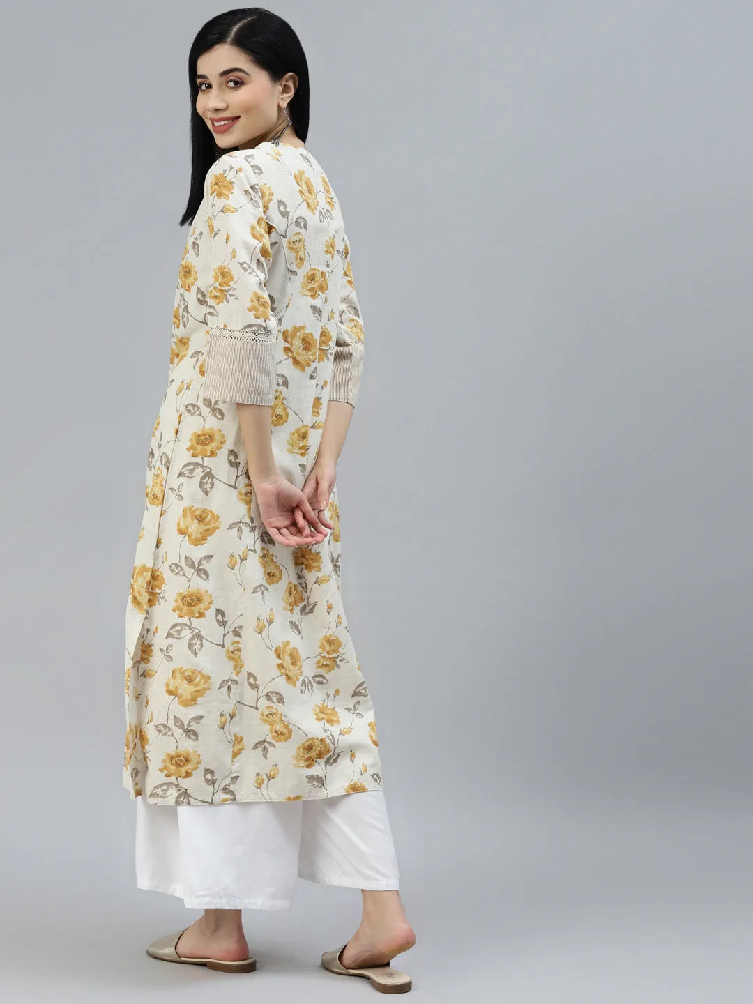 Jashvi Floral Print Yellow Cotton A-line Kurta