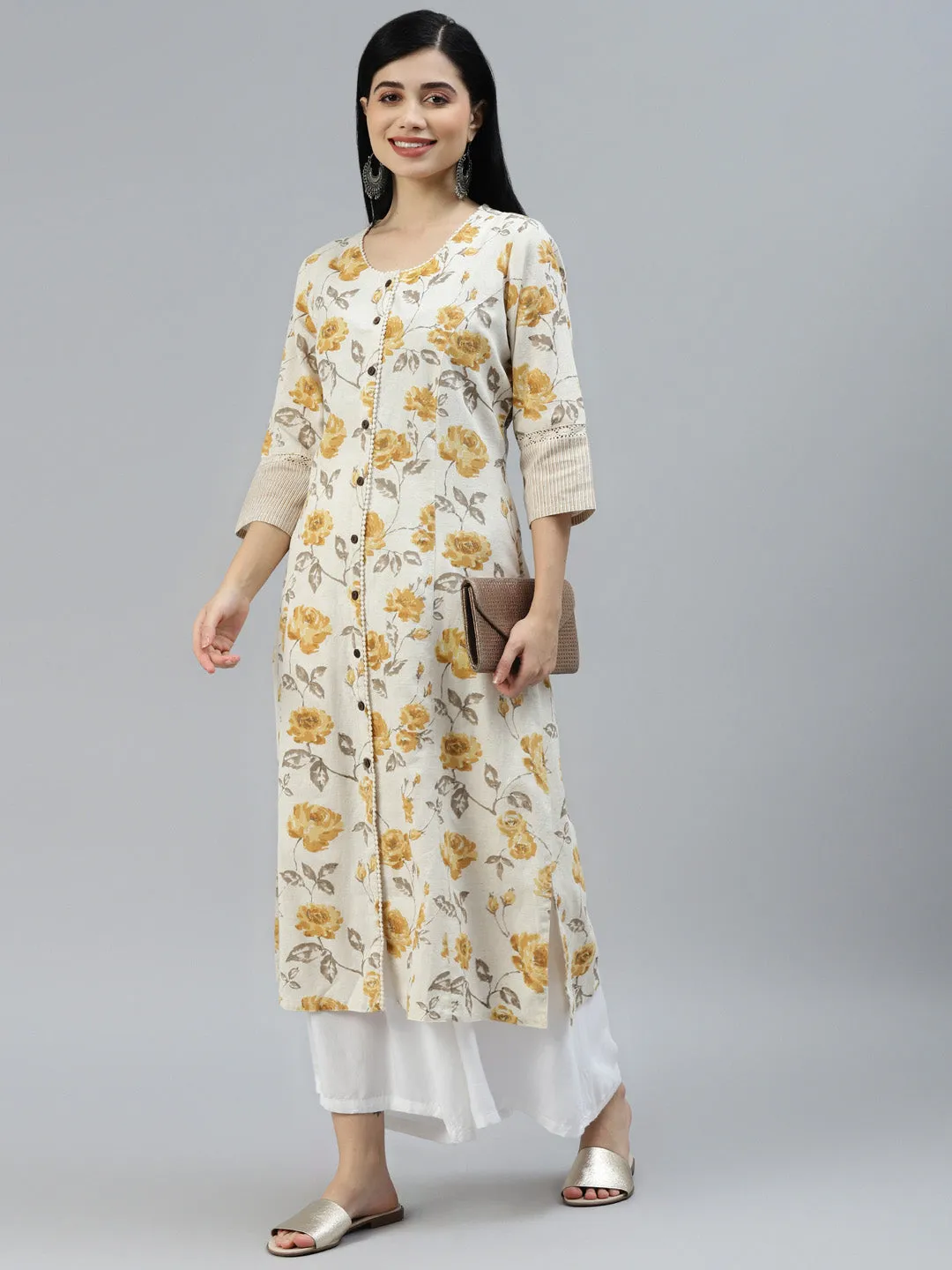 Jashvi Floral Print Yellow Cotton A-line Kurta