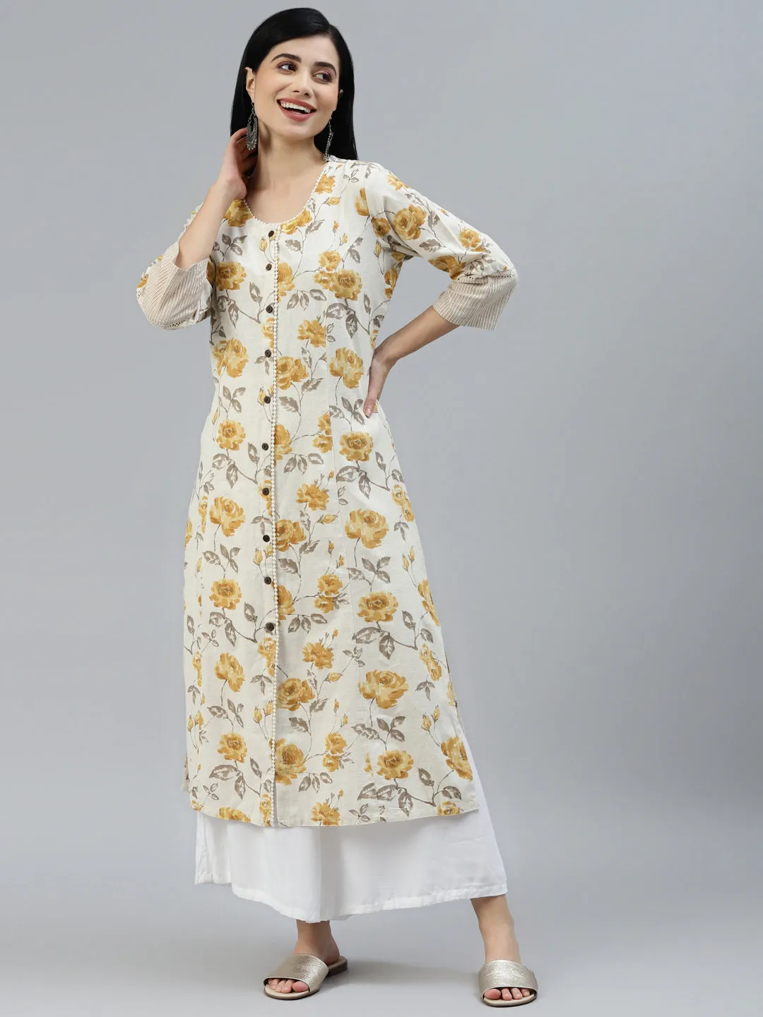 Jashvi Floral Print Yellow Cotton A-line Kurta