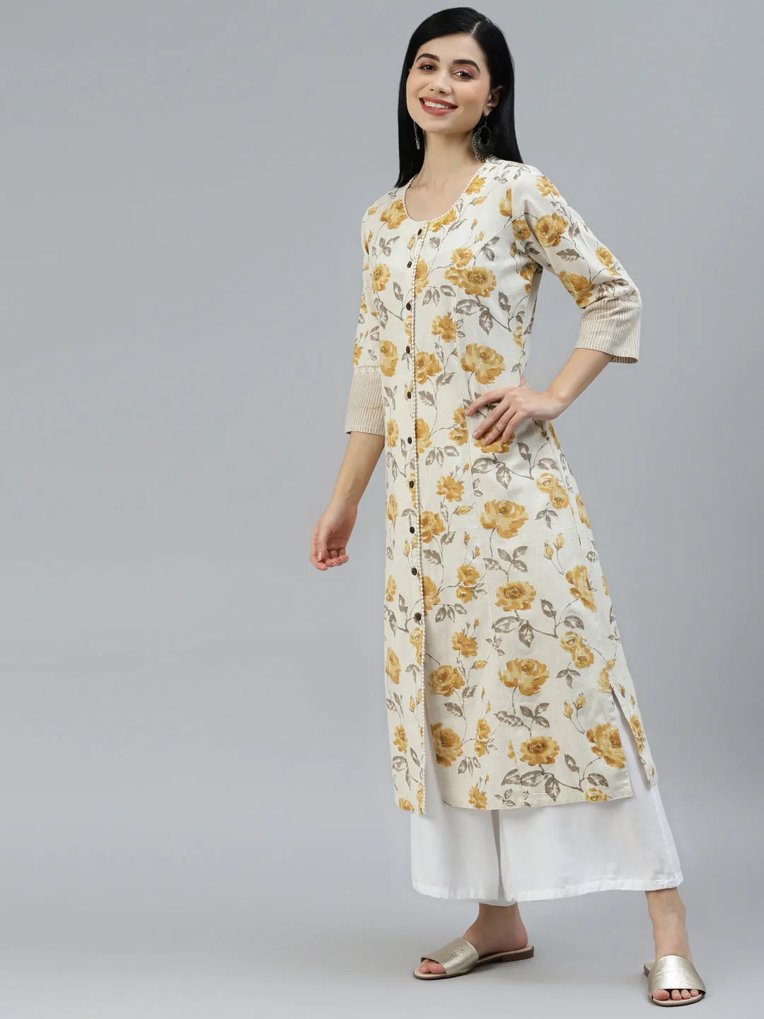 Jashvi Floral Print Yellow Cotton A-line Kurta