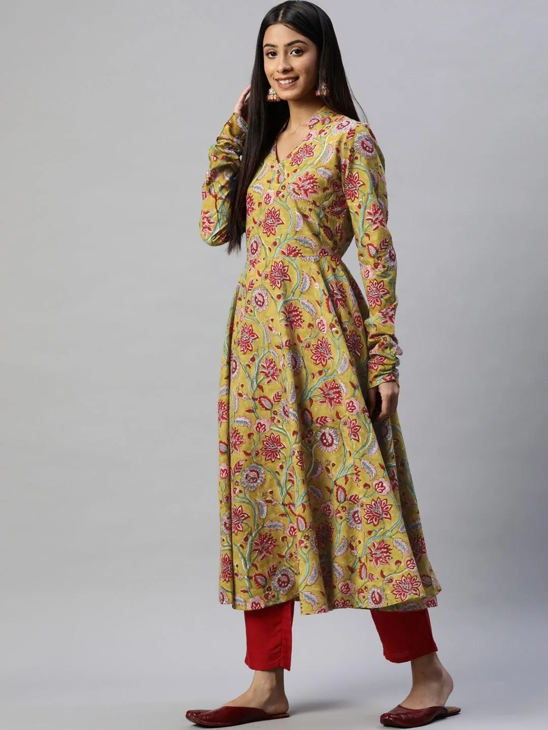 Jashvi Mahendi Cotton Hand Block Printed Anarkali Kurta