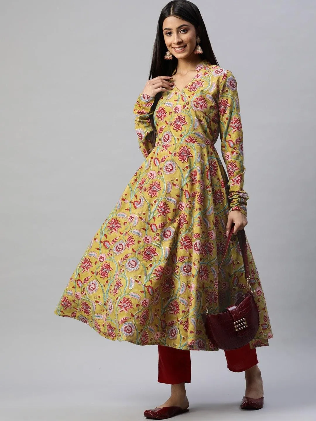 Jashvi Mahendi Cotton Hand Block Printed Anarkali Kurta