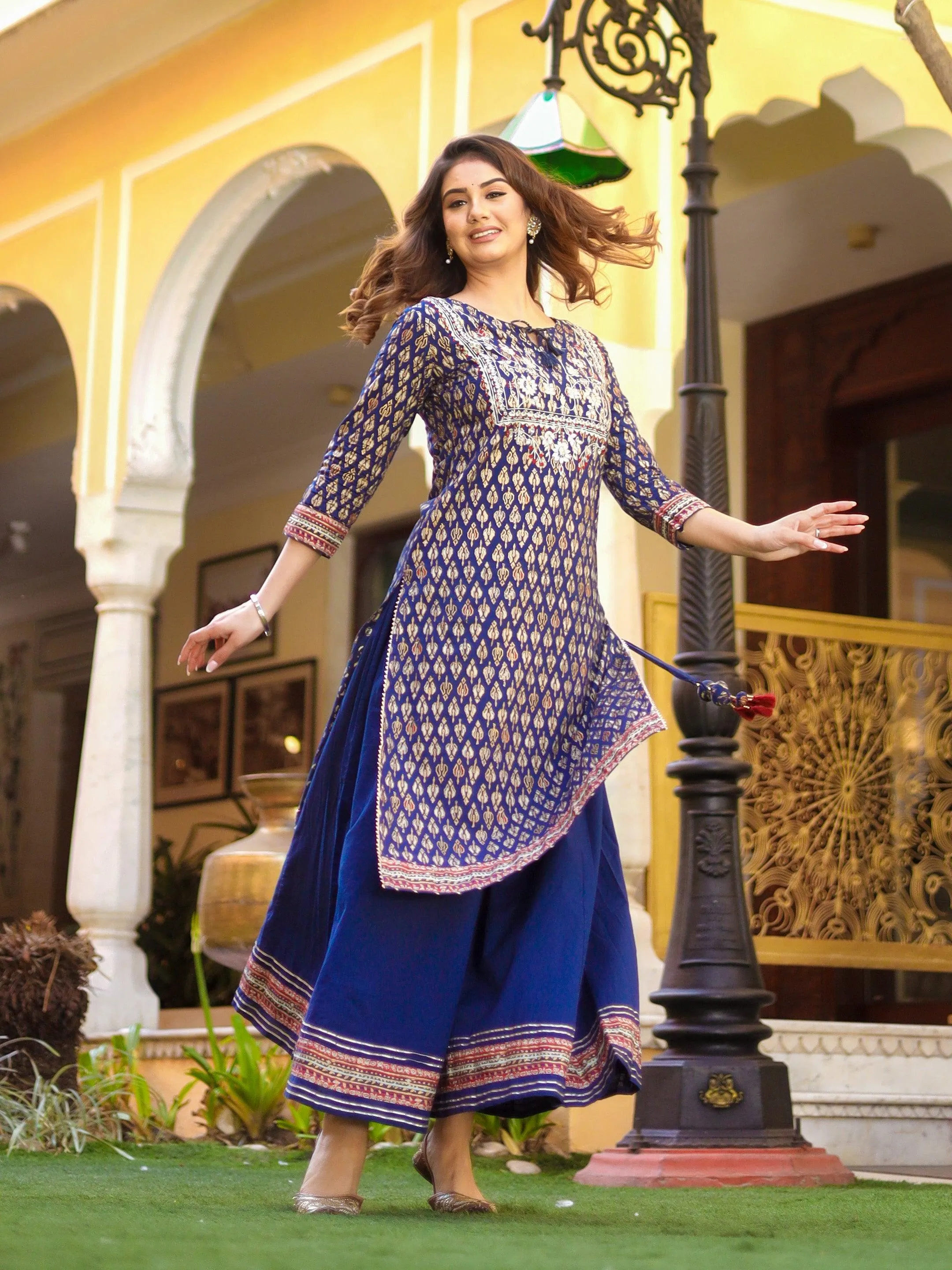 Jashvi Navy Blue Cotton Gota Patti Palazzo Set