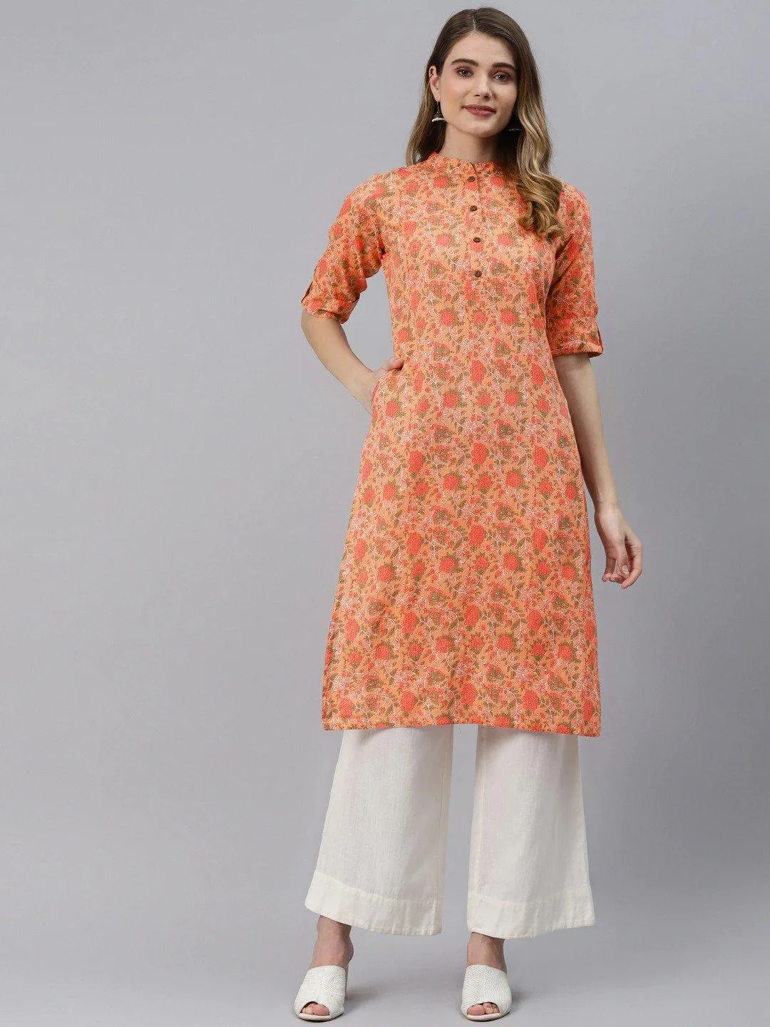 Jashvi Peach Cotton Straight Kurta