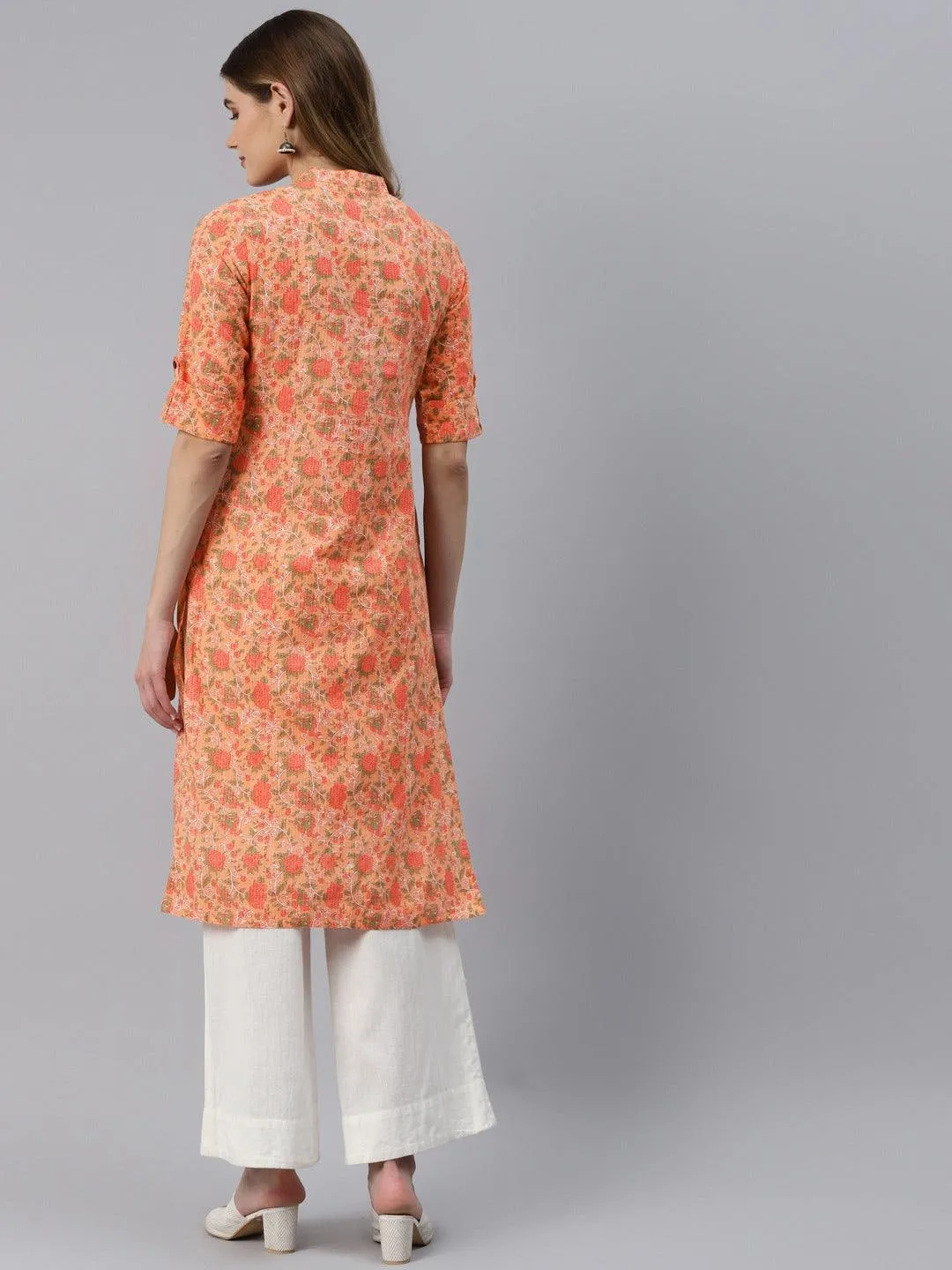 Jashvi Peach Cotton Straight Kurta