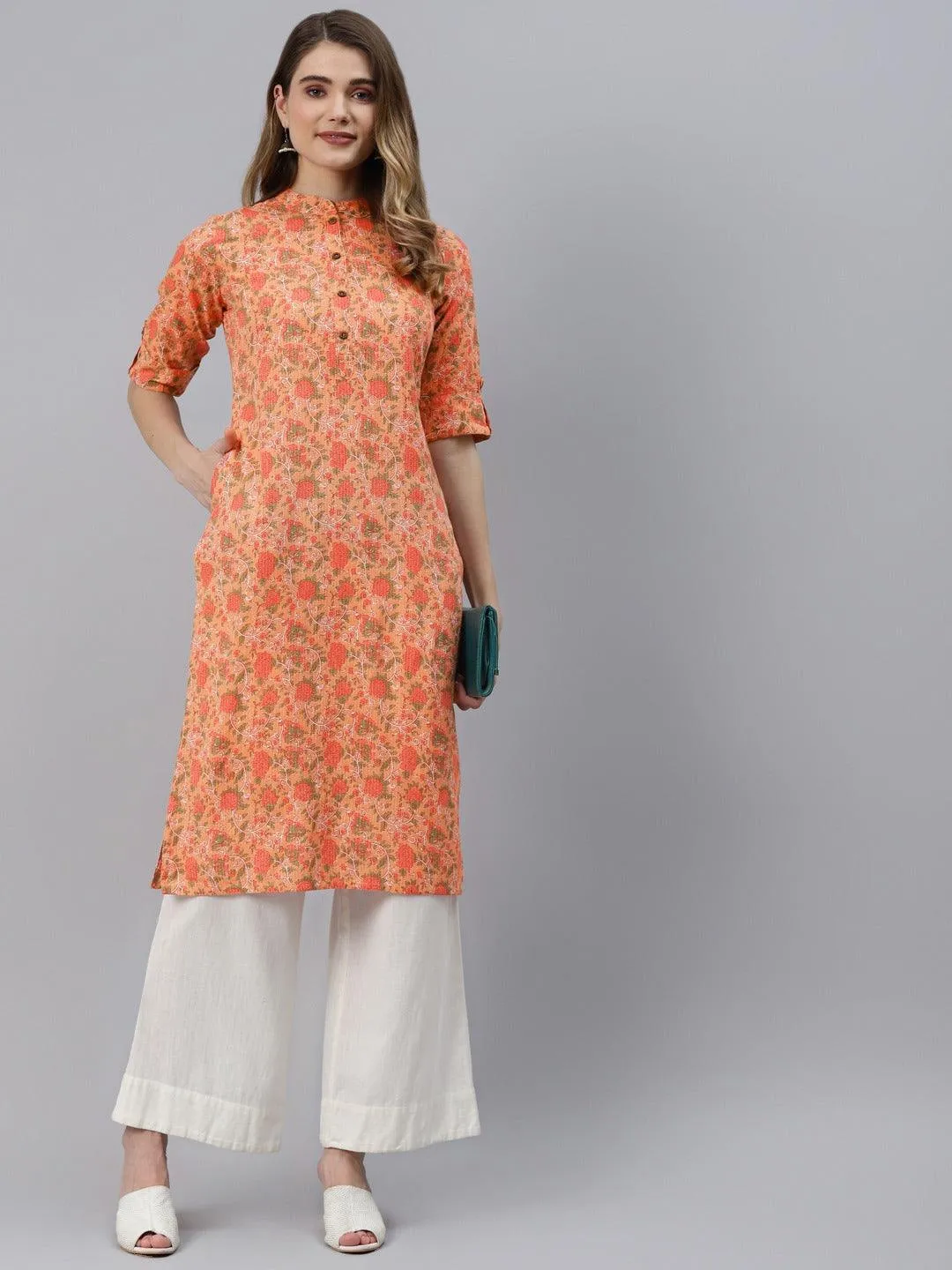 Jashvi Peach Cotton Straight Kurta