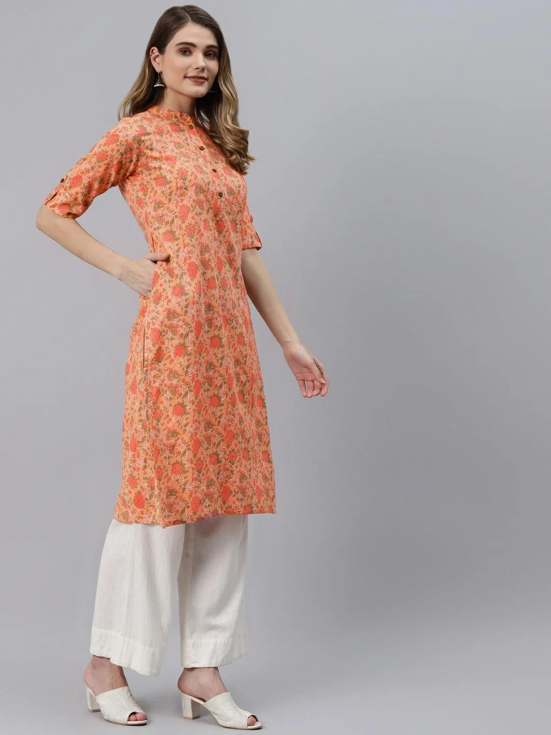 Jashvi Peach Cotton Straight Kurta