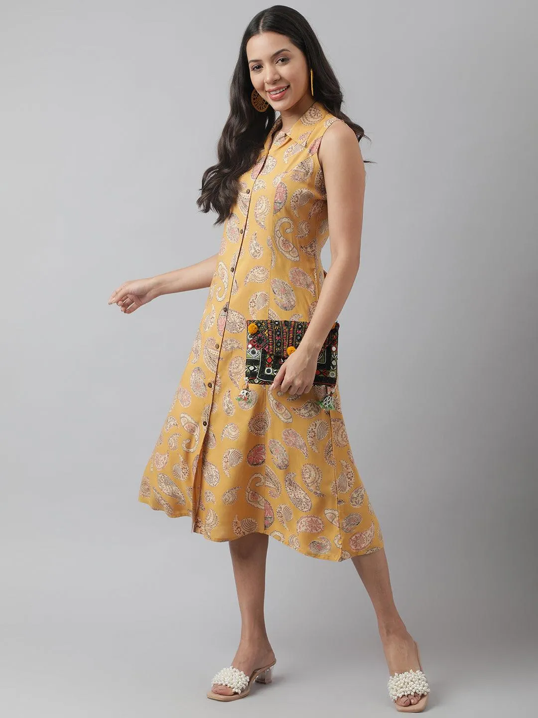 Jashvi Rayon Mustard A-Line Floral Printed Midi Dress