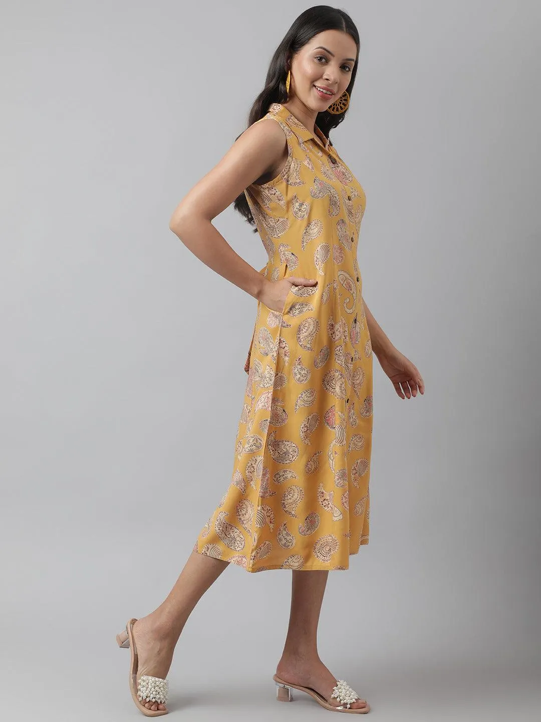 Jashvi Rayon Mustard A-Line Floral Printed Midi Dress