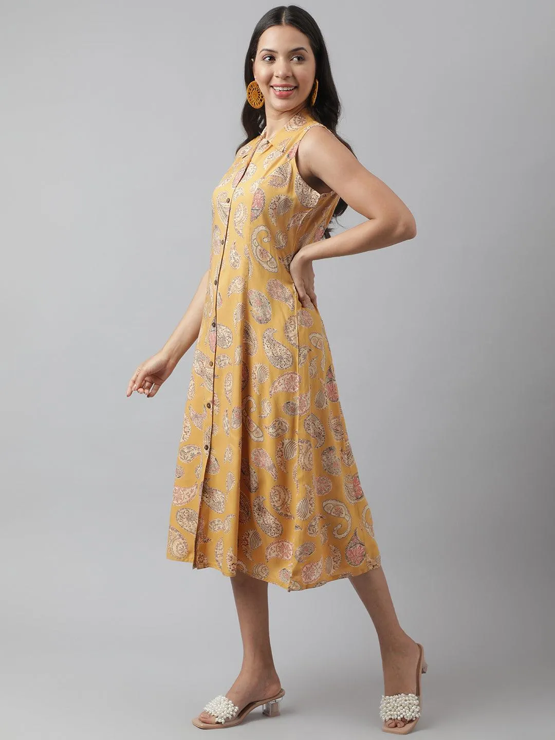 Jashvi Rayon Mustard A-Line Floral Printed Midi Dress