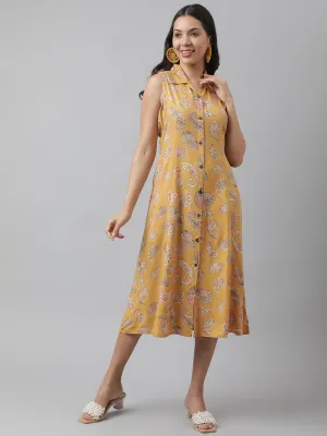 Jashvi Rayon Mustard A-Line Floral Printed Midi Dress