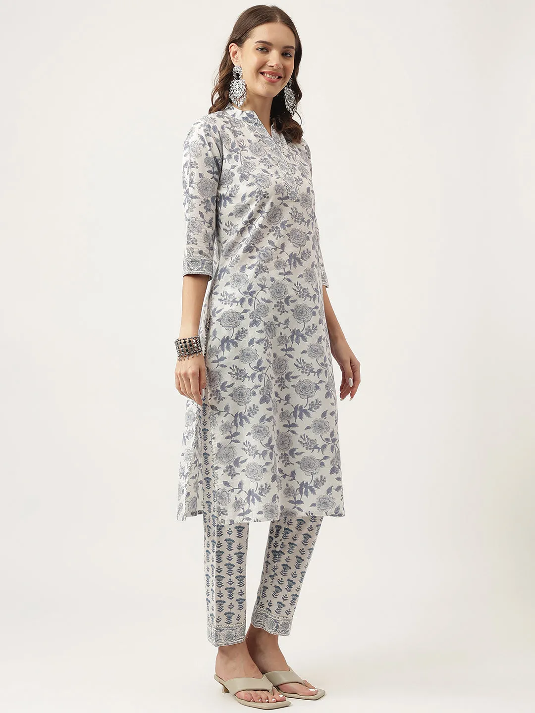 Jashvi Sky Blue Floral HandBlock Printed Cotton Straight Kurta, trousers with Dupatta Set