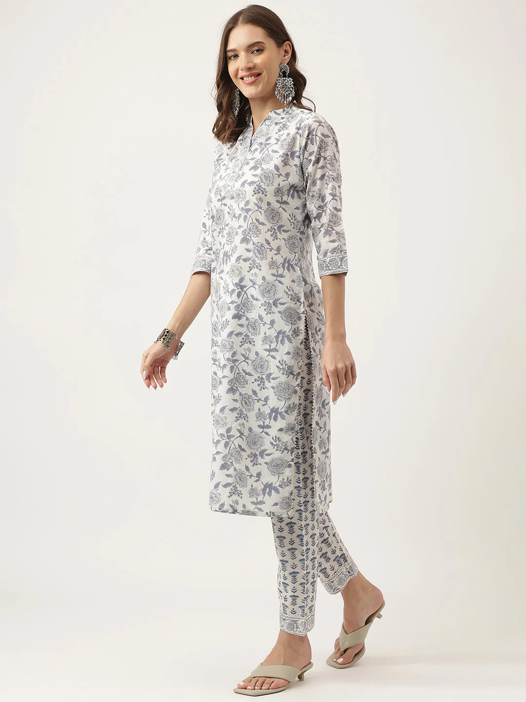 Jashvi Sky Blue Floral HandBlock Printed Cotton Straight Kurta, trousers with Dupatta Set